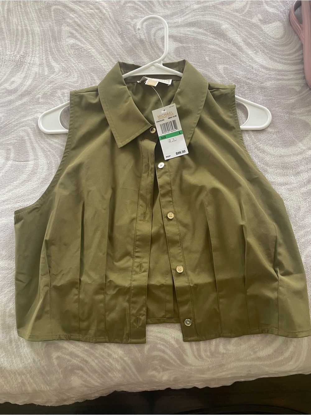 Michael Kors Olive Green Sleeveless Button-Front Crop Shirt